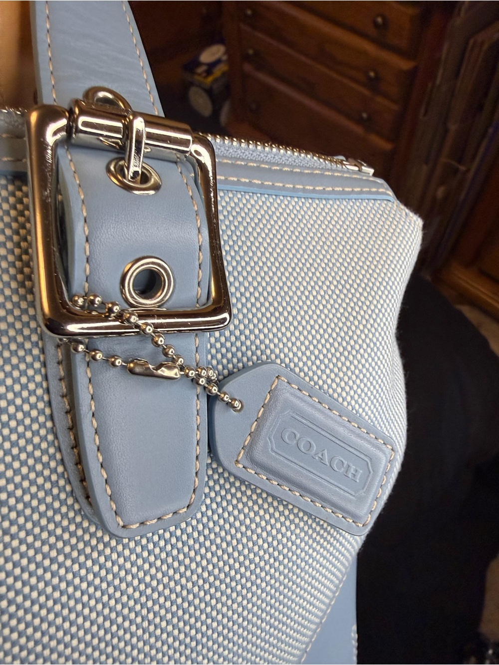 Coach Hamptons Vintage Canvas & Leather Tote Bag Y2K Baby Blue Zip Top #1842 - Picture 8 of 16